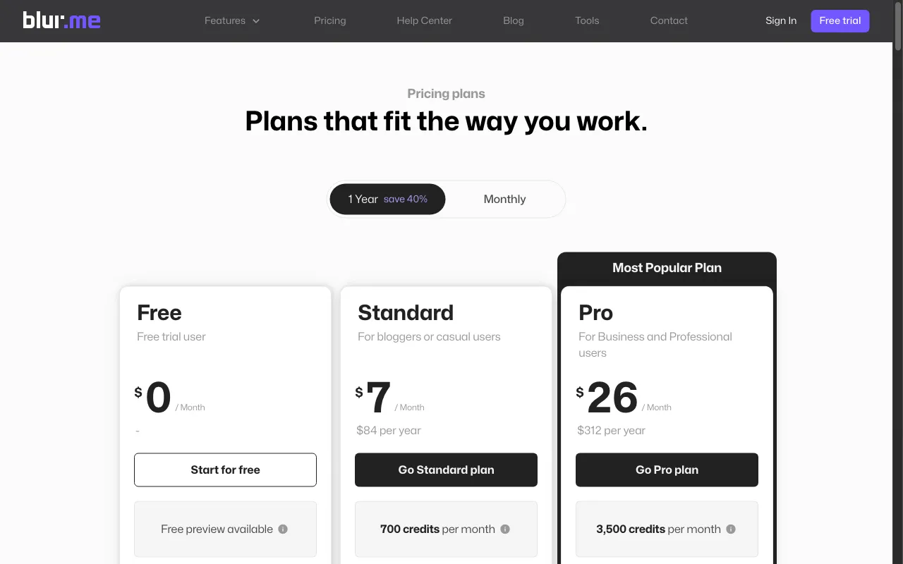 BlurMe — pricing page