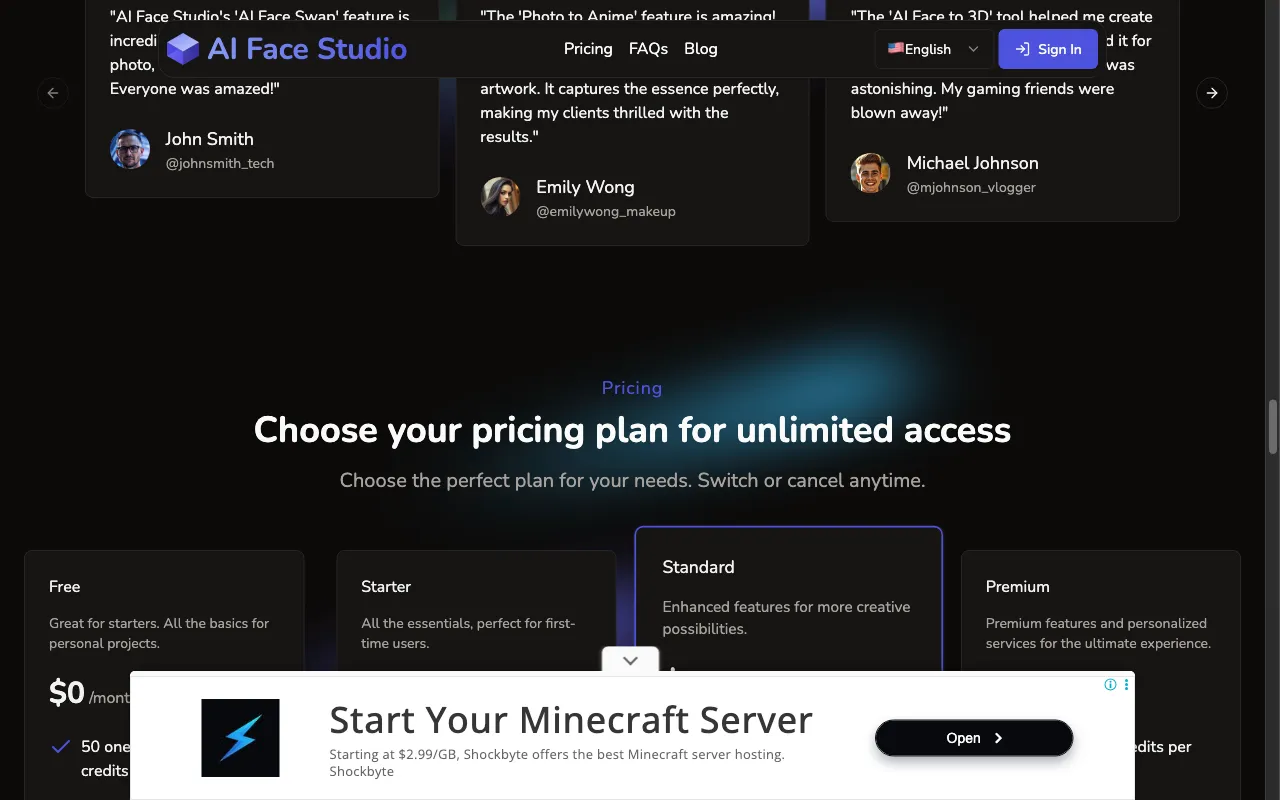 AI Face Studio — pricing page