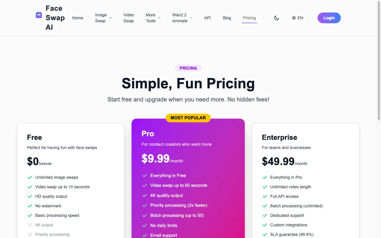 ai face swap — pricing page