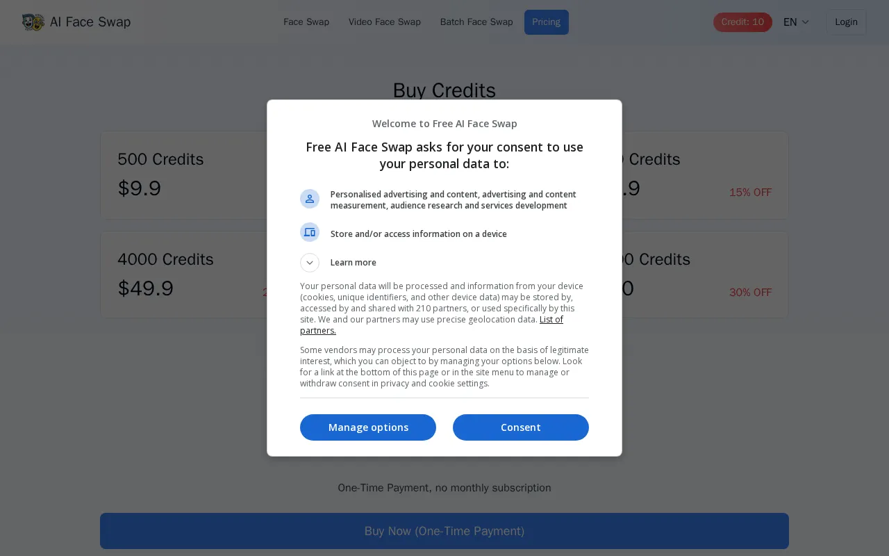 AI Face Swap — pricing page