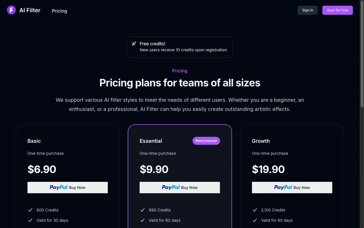 AI Filter — pricing page