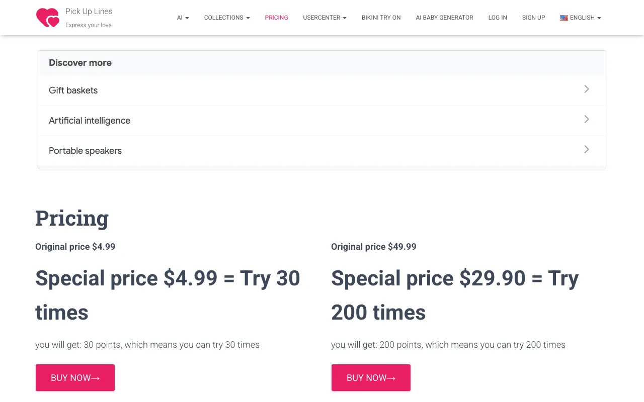 Pick Up Lines — pricing page