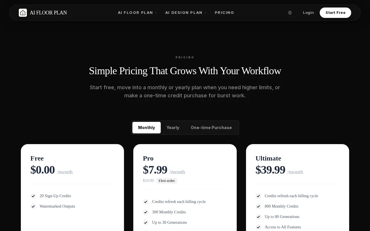 AI Floor Plan Generator — pricing page