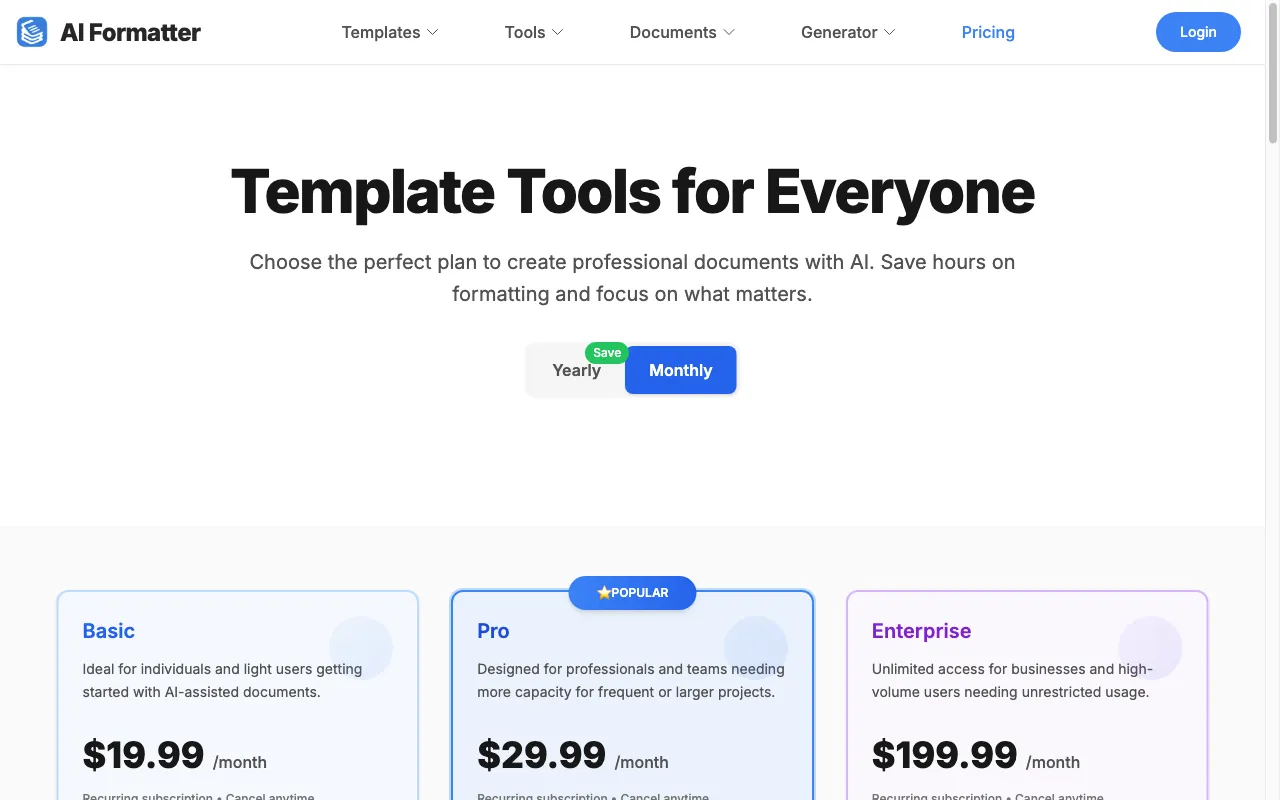AI Formatter — pricing page