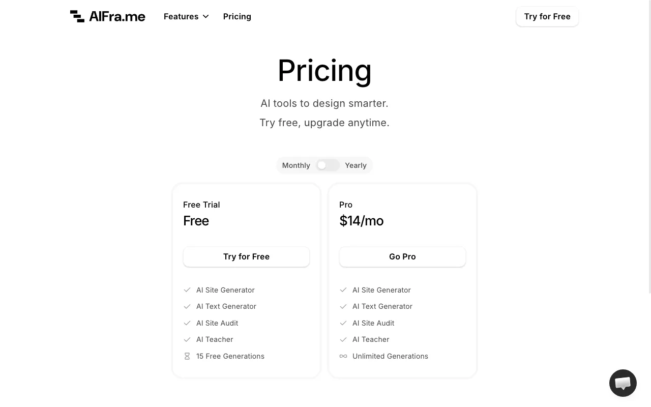 AI Frame — pricing page