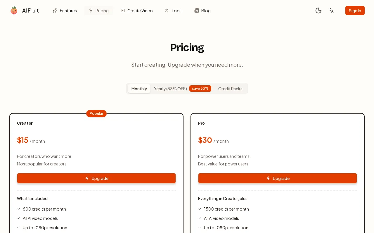 AI Fruit — pricing page