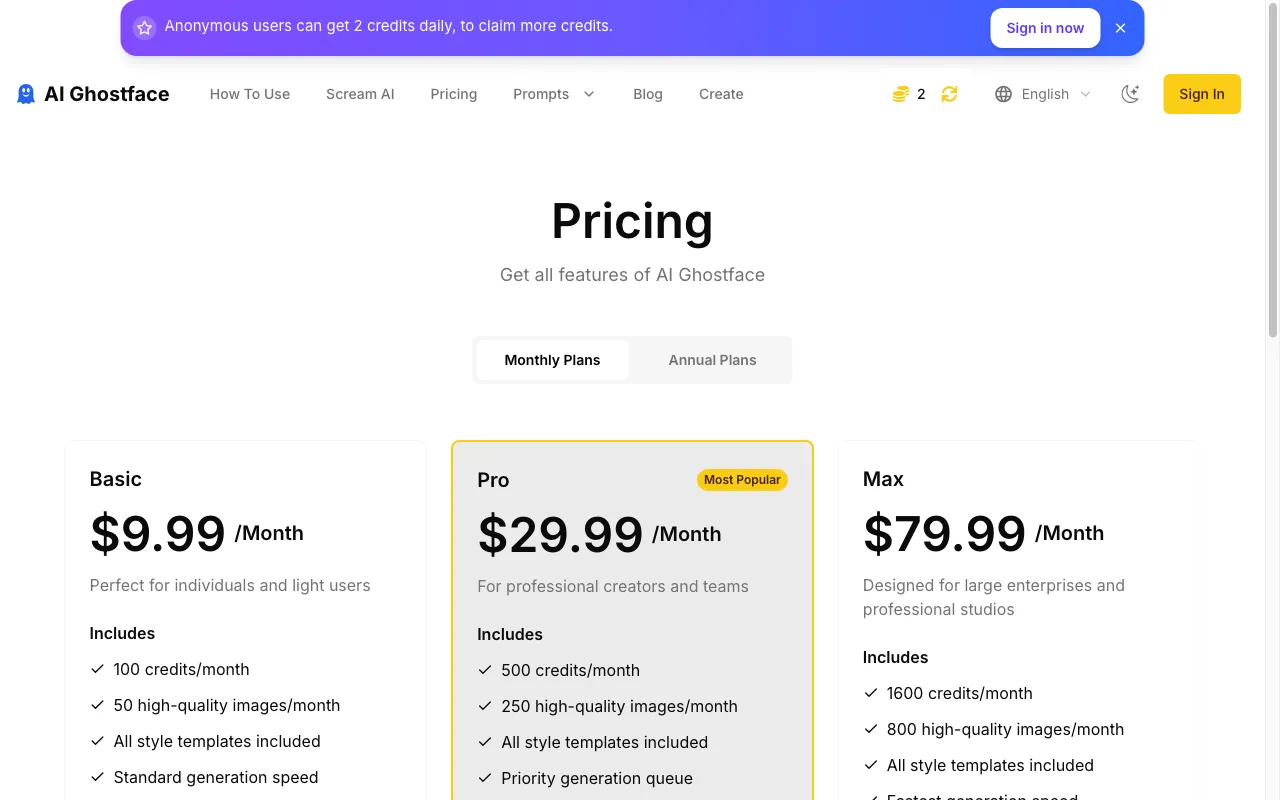 AI Ghostface — pricing page
