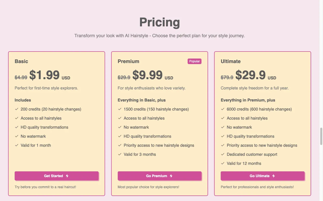 AI Hairstyle — pricing page