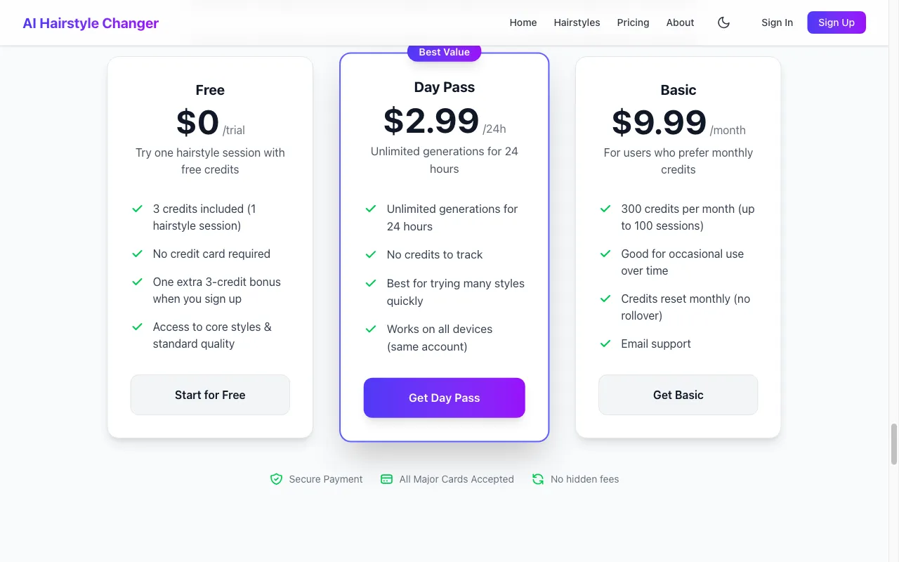 AI Hairstyle Changer — pricing page