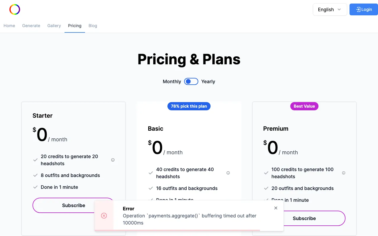 AI Headshots — pricing page