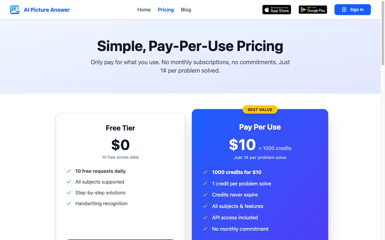AI Picture Answer — pricing page
