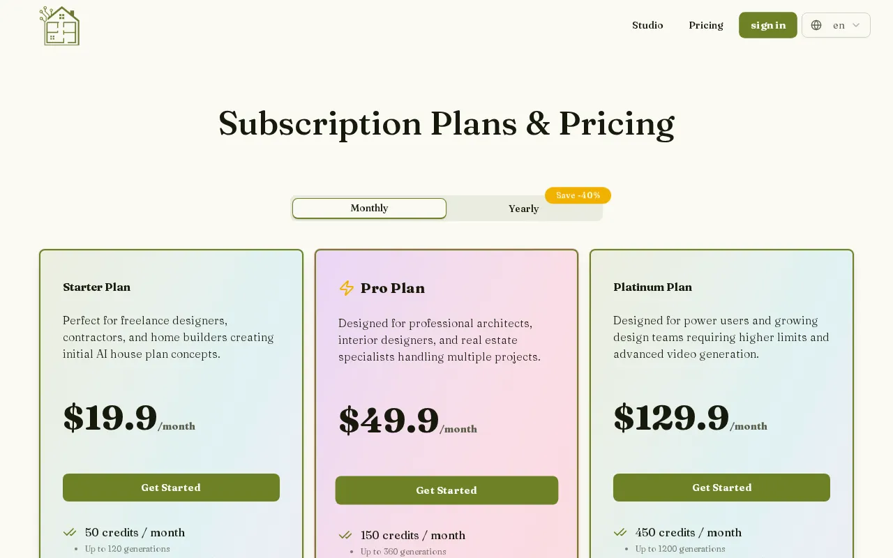 AI House Plan — pricing page