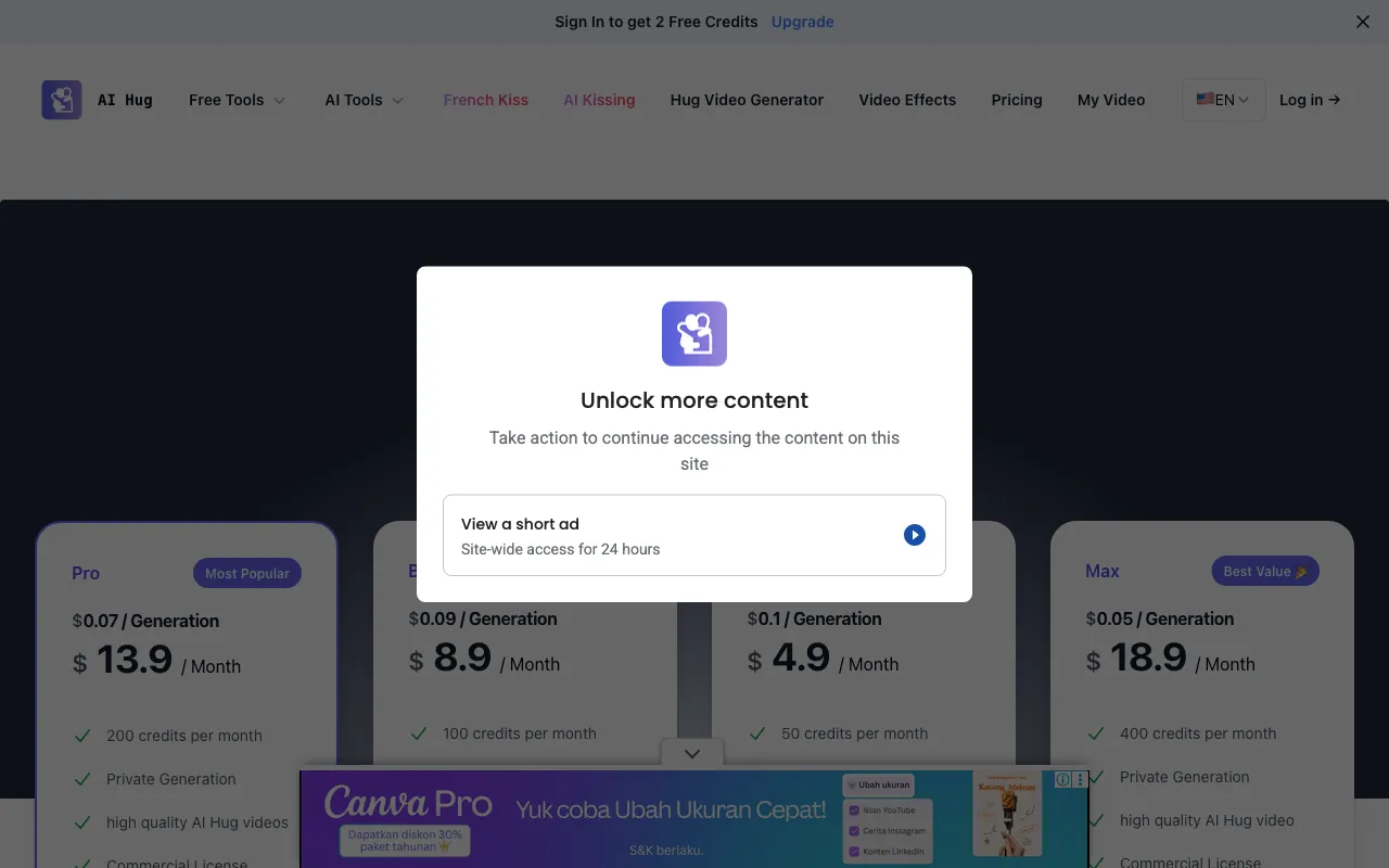 AI Hug — pricing page