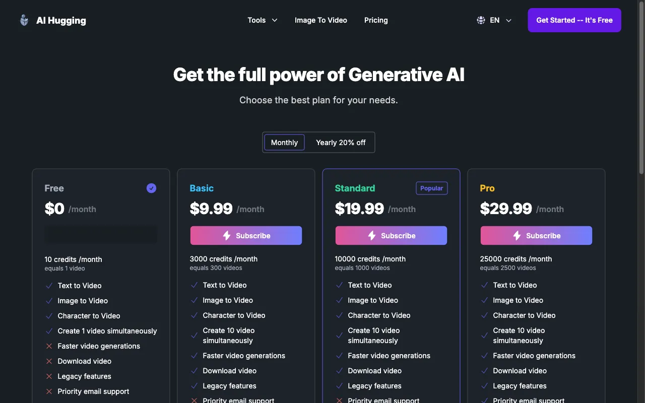AI Hugging — pricing page