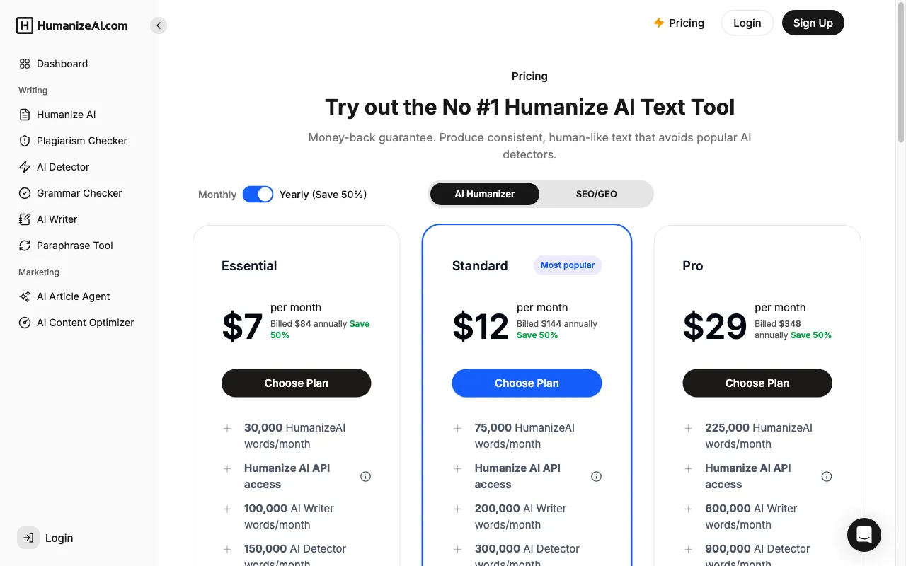 AI Humanize AI — pricing page