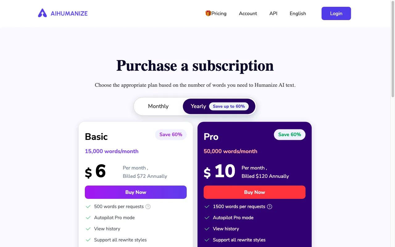 AI Humanize — pricing page