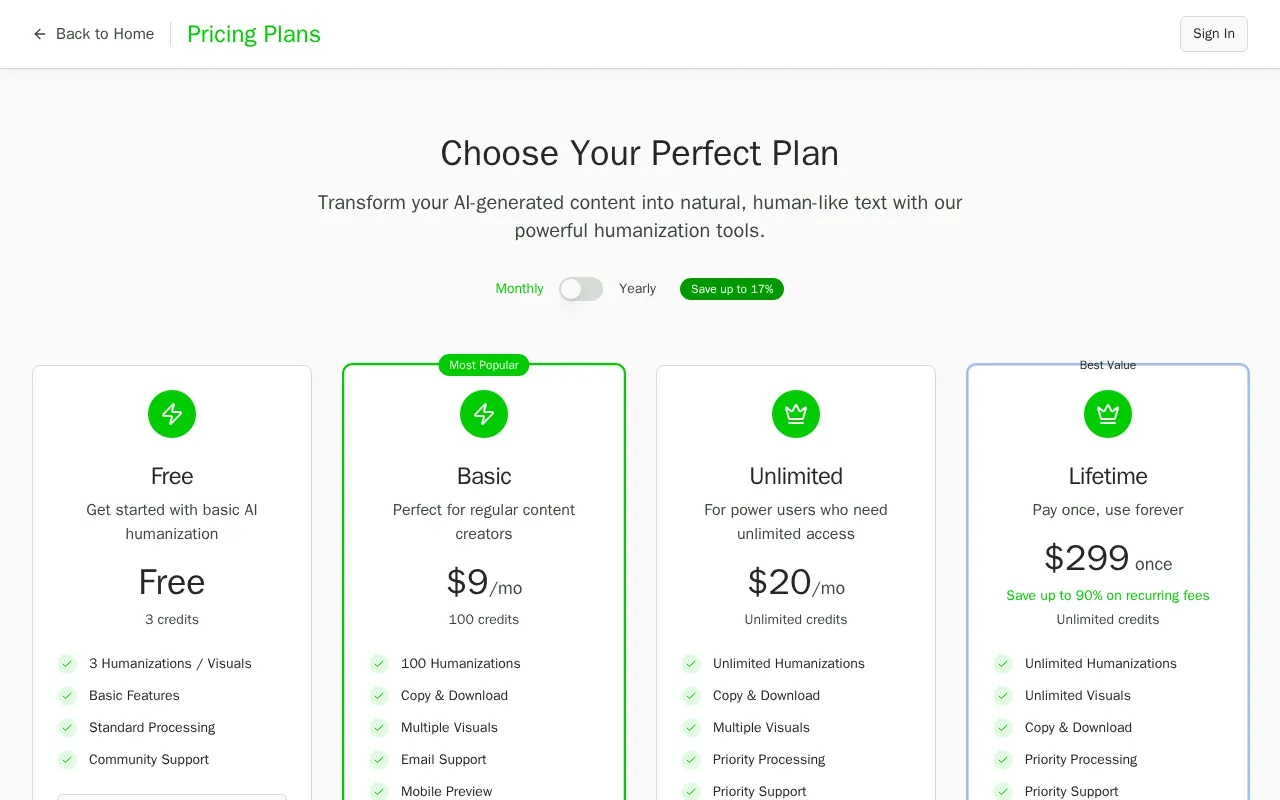AI Humanizer Text — pricing page