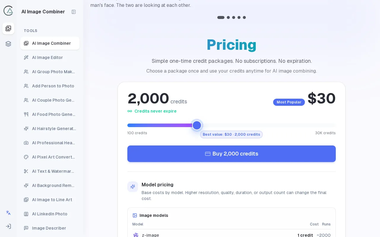 AI Image Combiner — pricing page