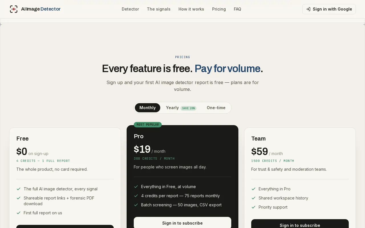 AI Image Detector -1 — pricing page