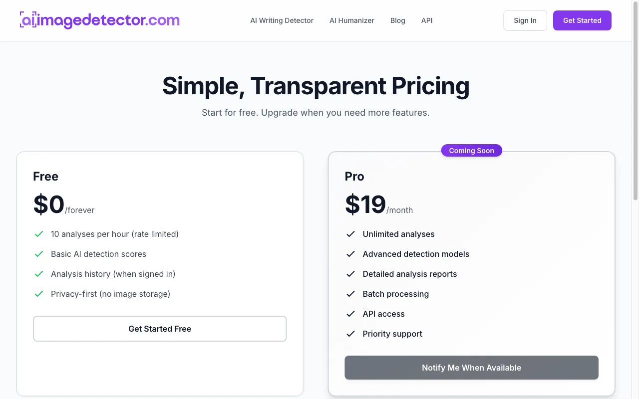 AI Image Detector — pricing page