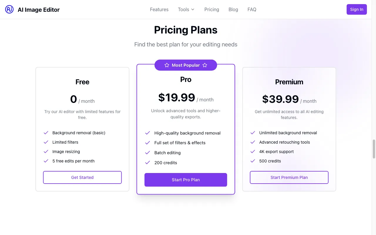 ai image editor-1 — pricing page