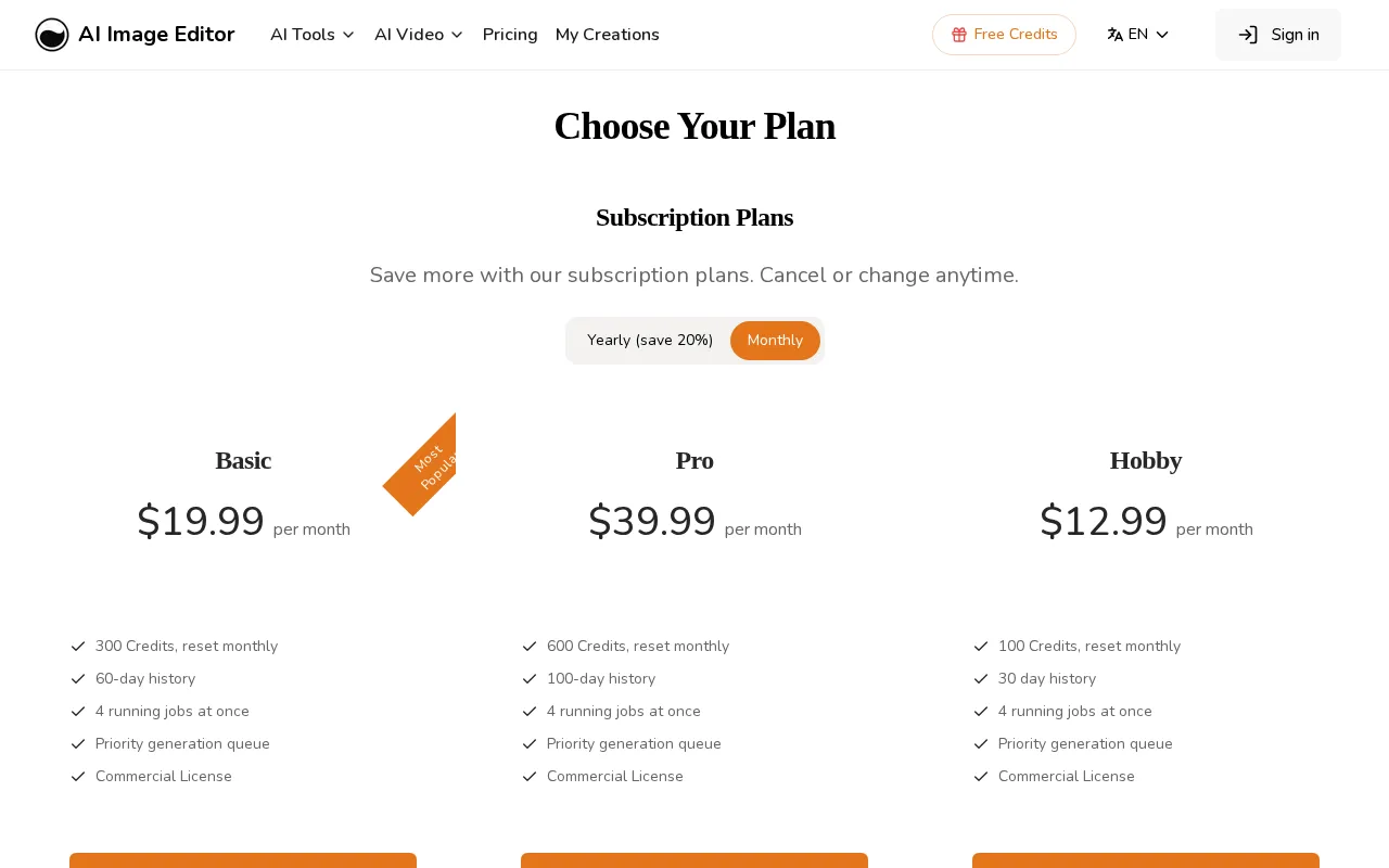 AI Image Editor — pricing page