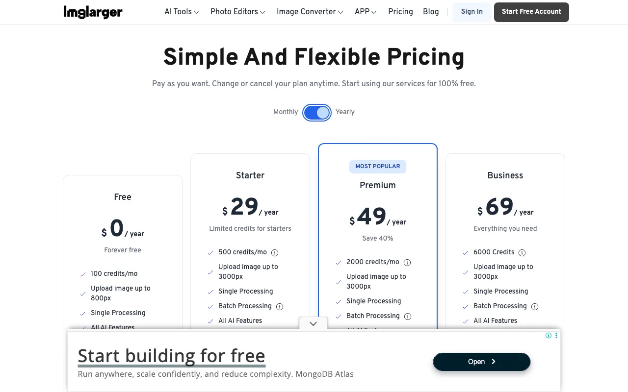 AI Image Enlarger — pricing page