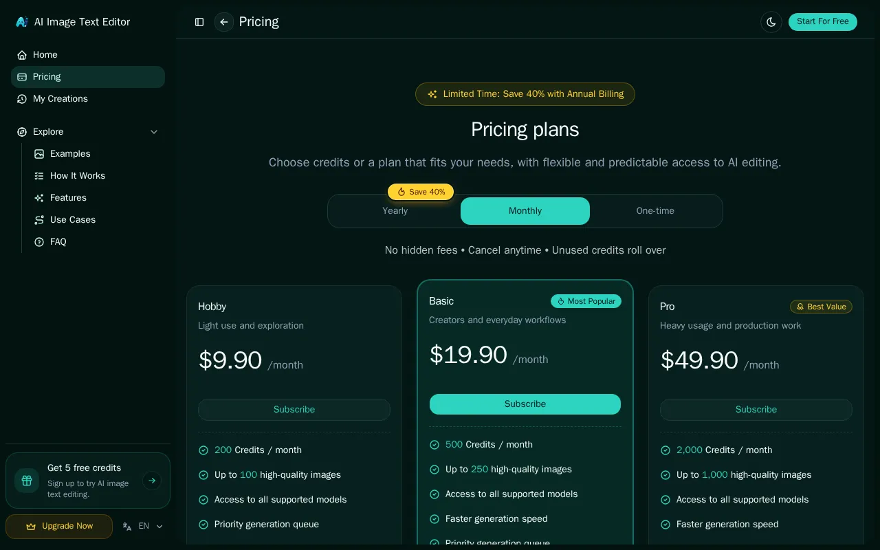 AI Image Text Editor — pricing page
