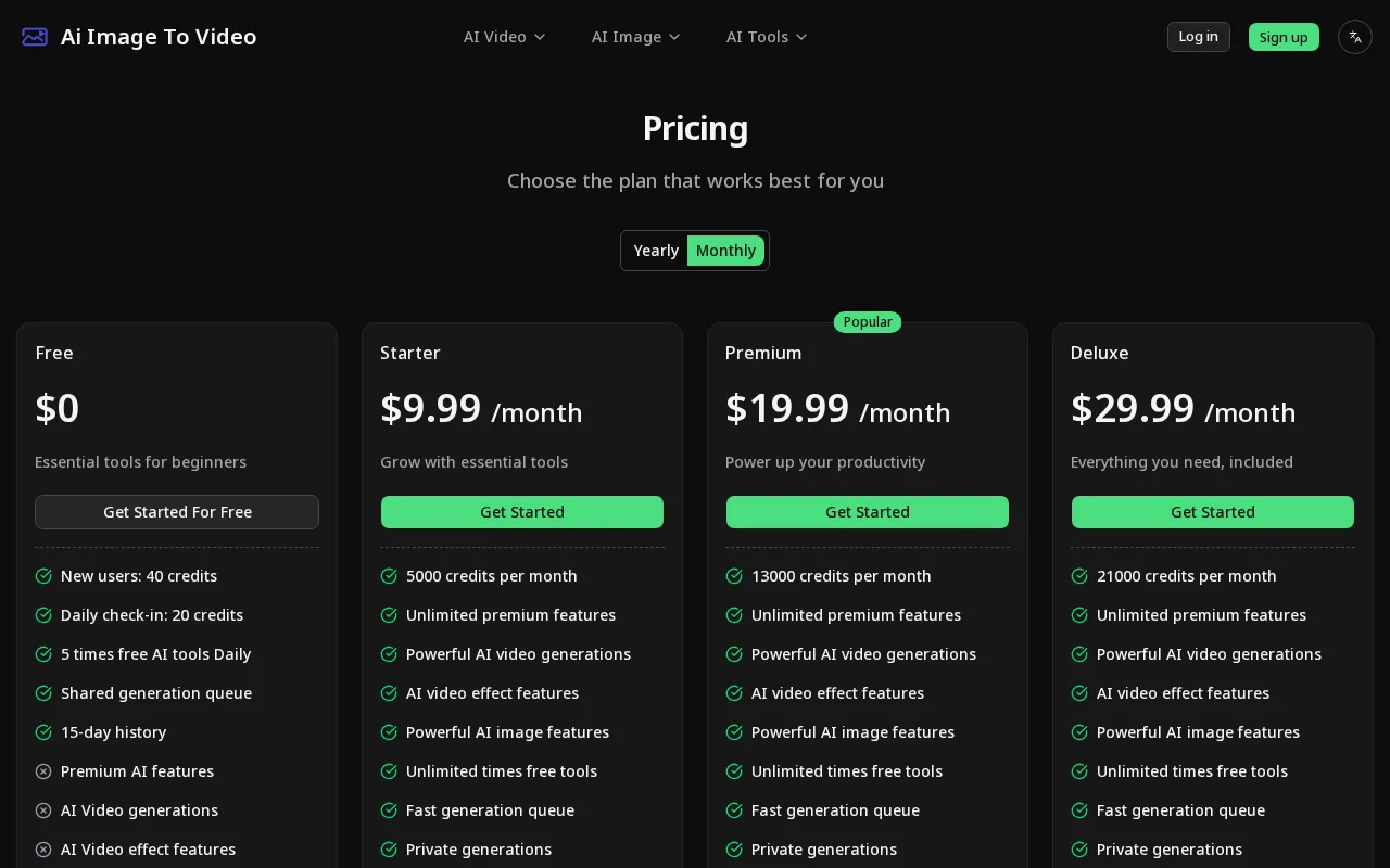 AI Image To Video Generator — pricing page