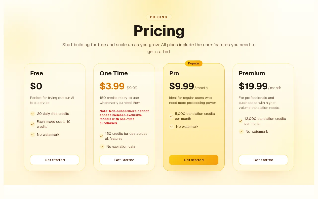 AI Image Translator — pricing page