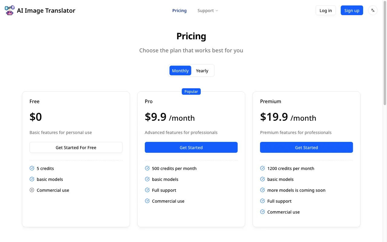 AI Image Translator — pricing page