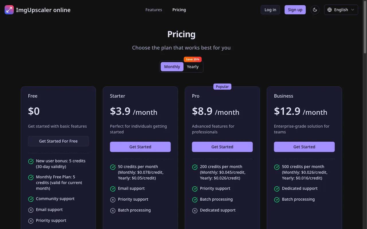 ImgUpscaler online — pricing page