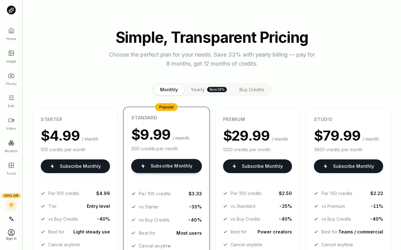 AI Imagine — pricing page