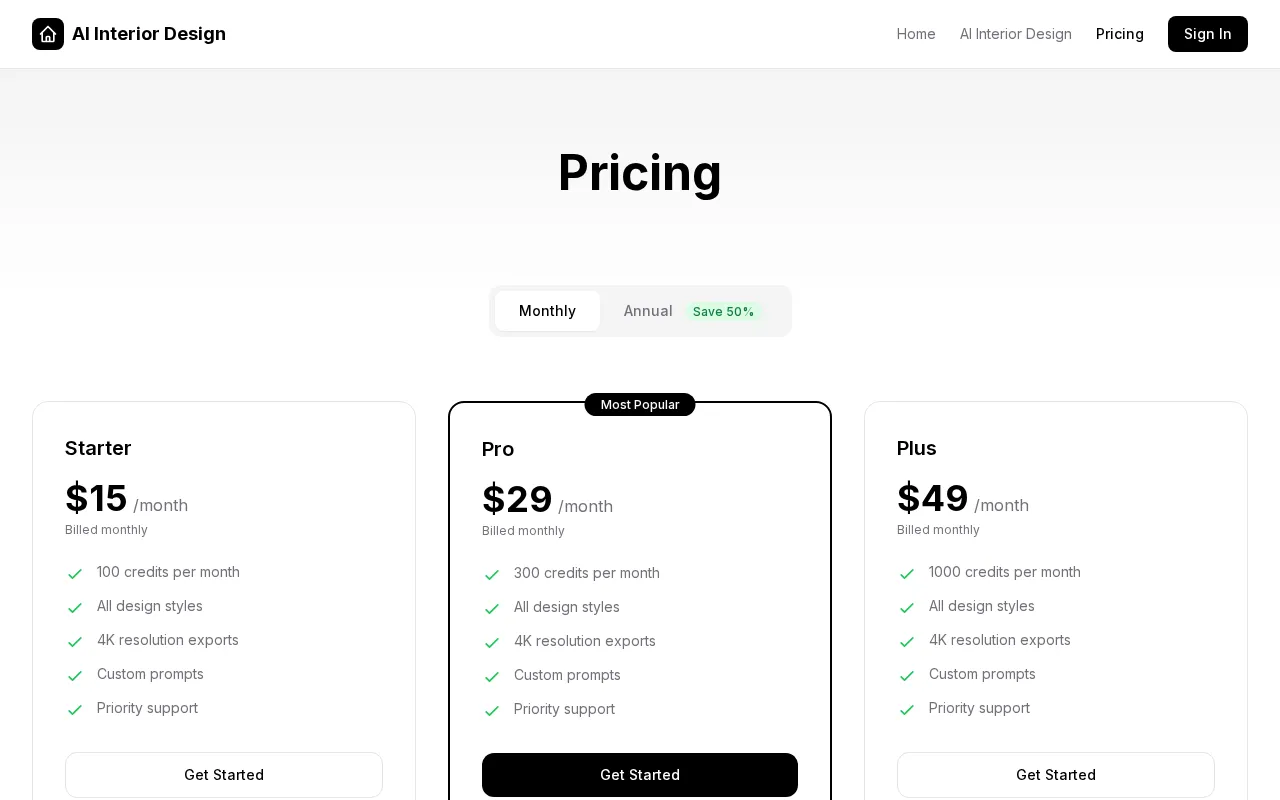 AI Interior Design — pricing page
