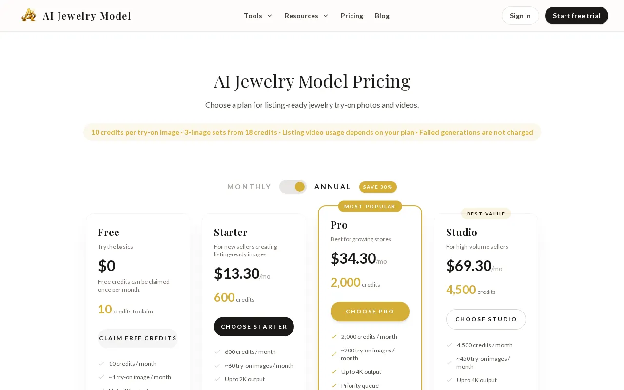 AI Jewelry Model — pricing page