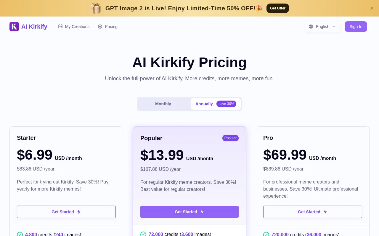 AI Kirkify Meme Generator — pricing page