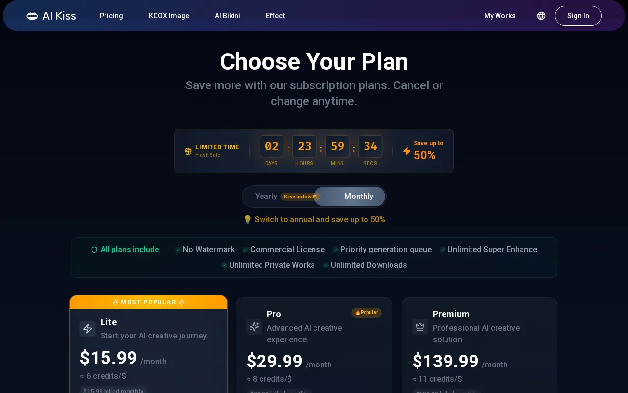 AI KISS VIDEO GENERATOR — pricing page