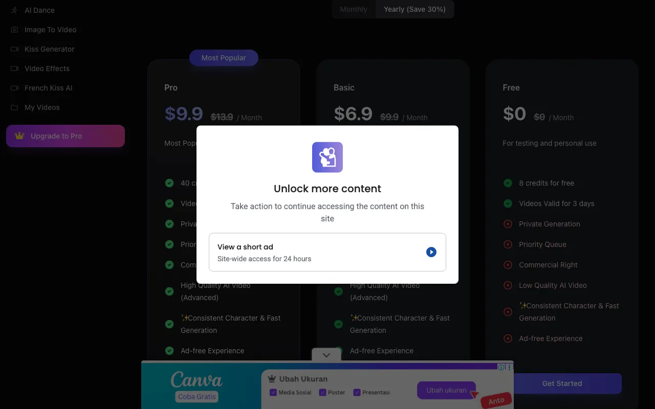 AI Kissing — pricing page