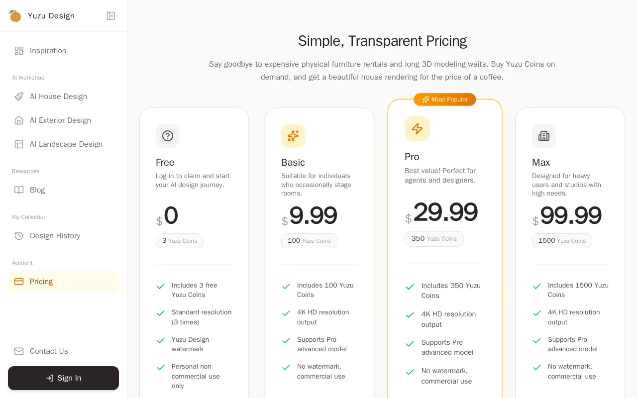 AI Landscape Design by Yuzu — pricing page