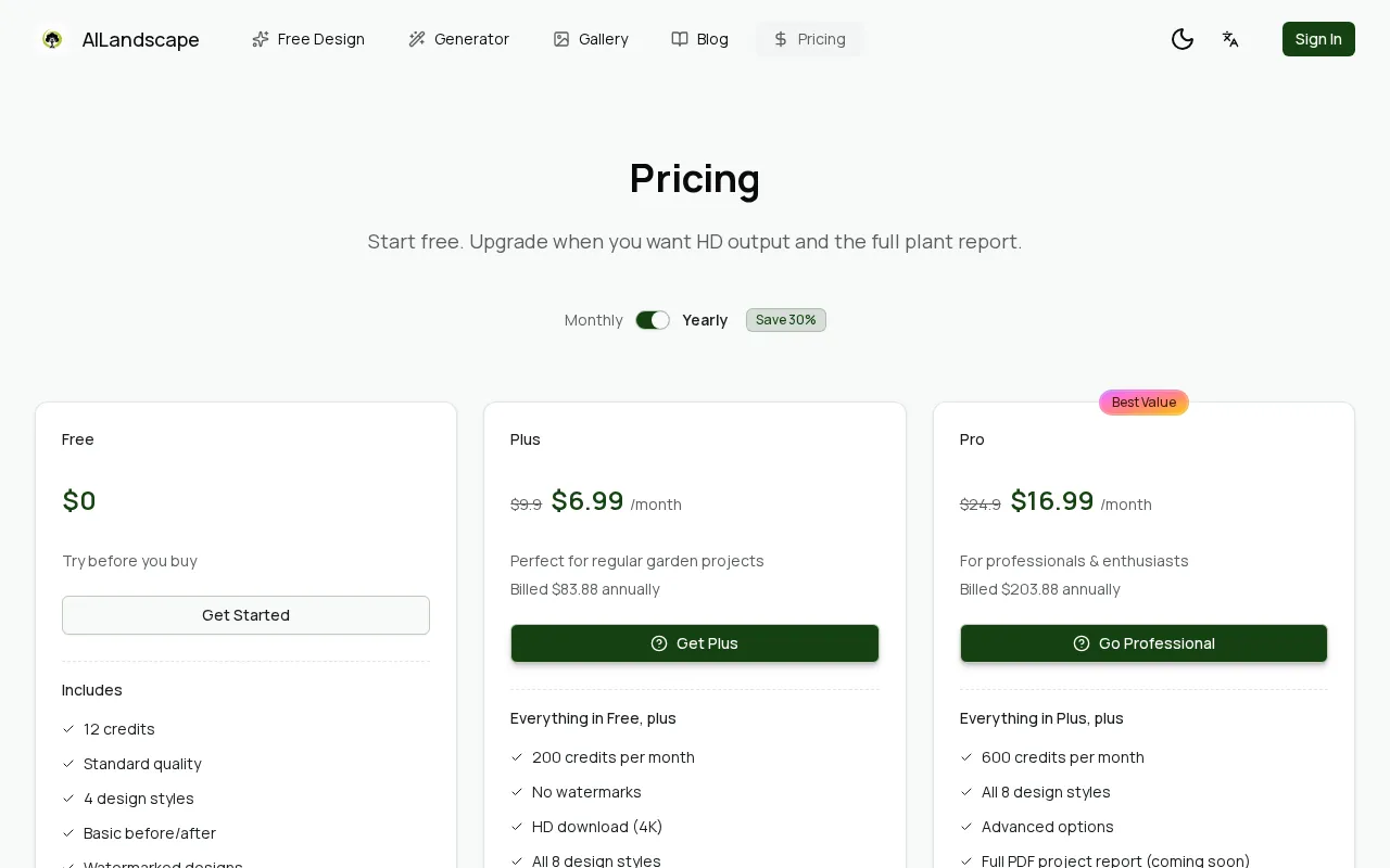 AI Landscape Garden — pricing page