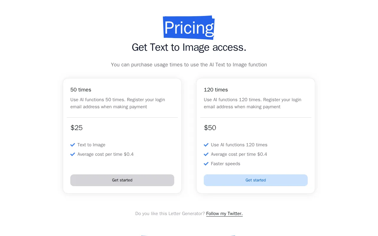 AI Letter Generator — pricing page