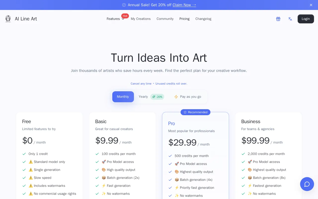 AI Line Art — pricing page