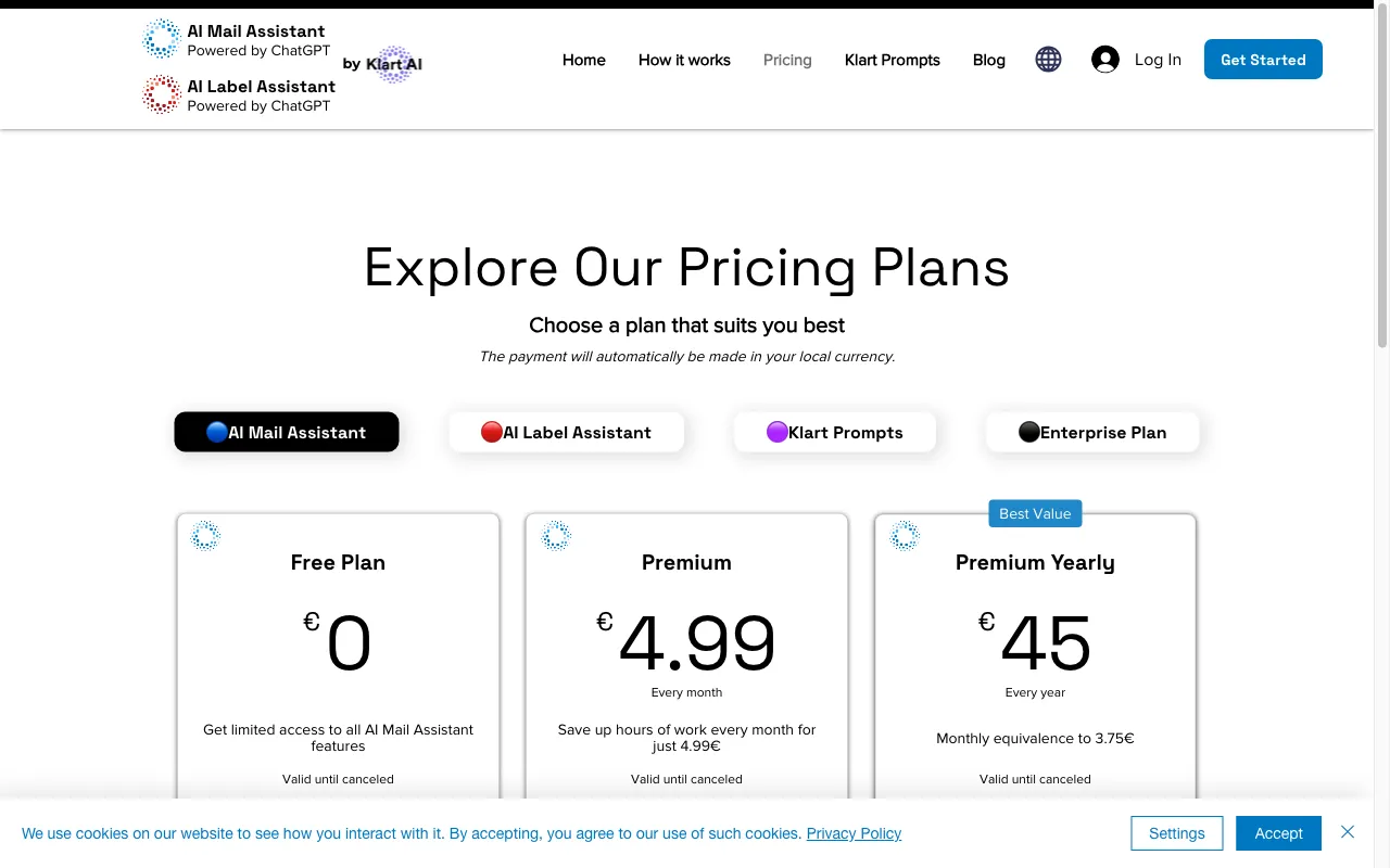 AI Mail Assistant — pricing page