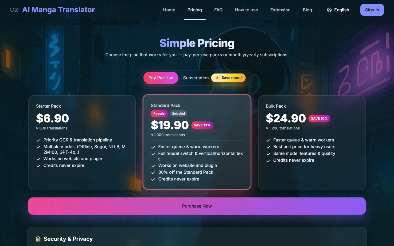 aimangatranslate.com — pricing page