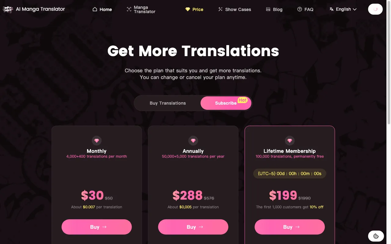 AI Manga Translator — pricing page