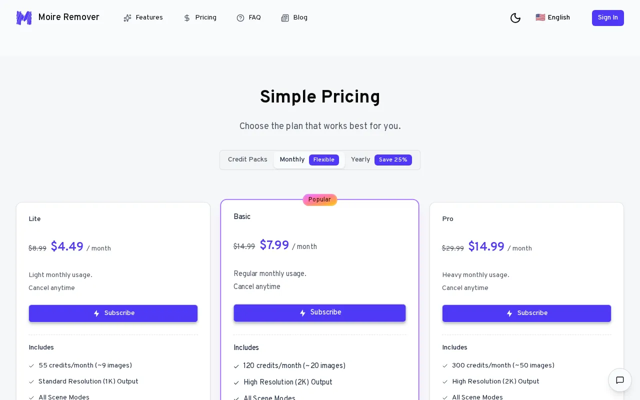AI Moire Remover — pricing page