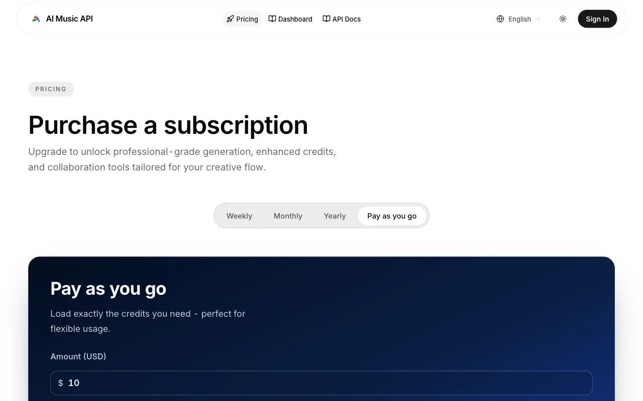 AI Music API, Free Cheap AI Music — pricing page