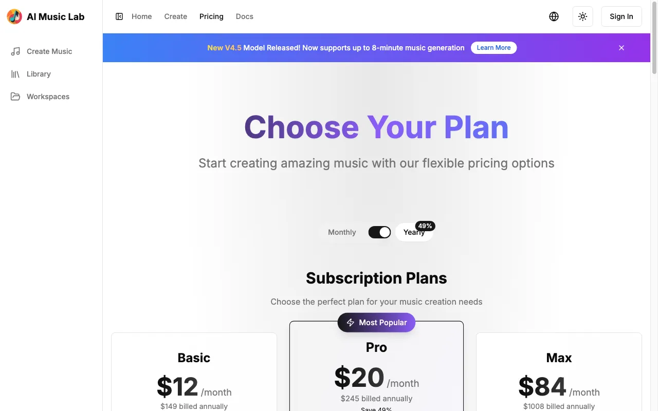 AI Music (Free) — pricing page