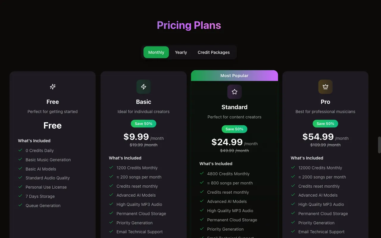 AI Music Generator — pricing page