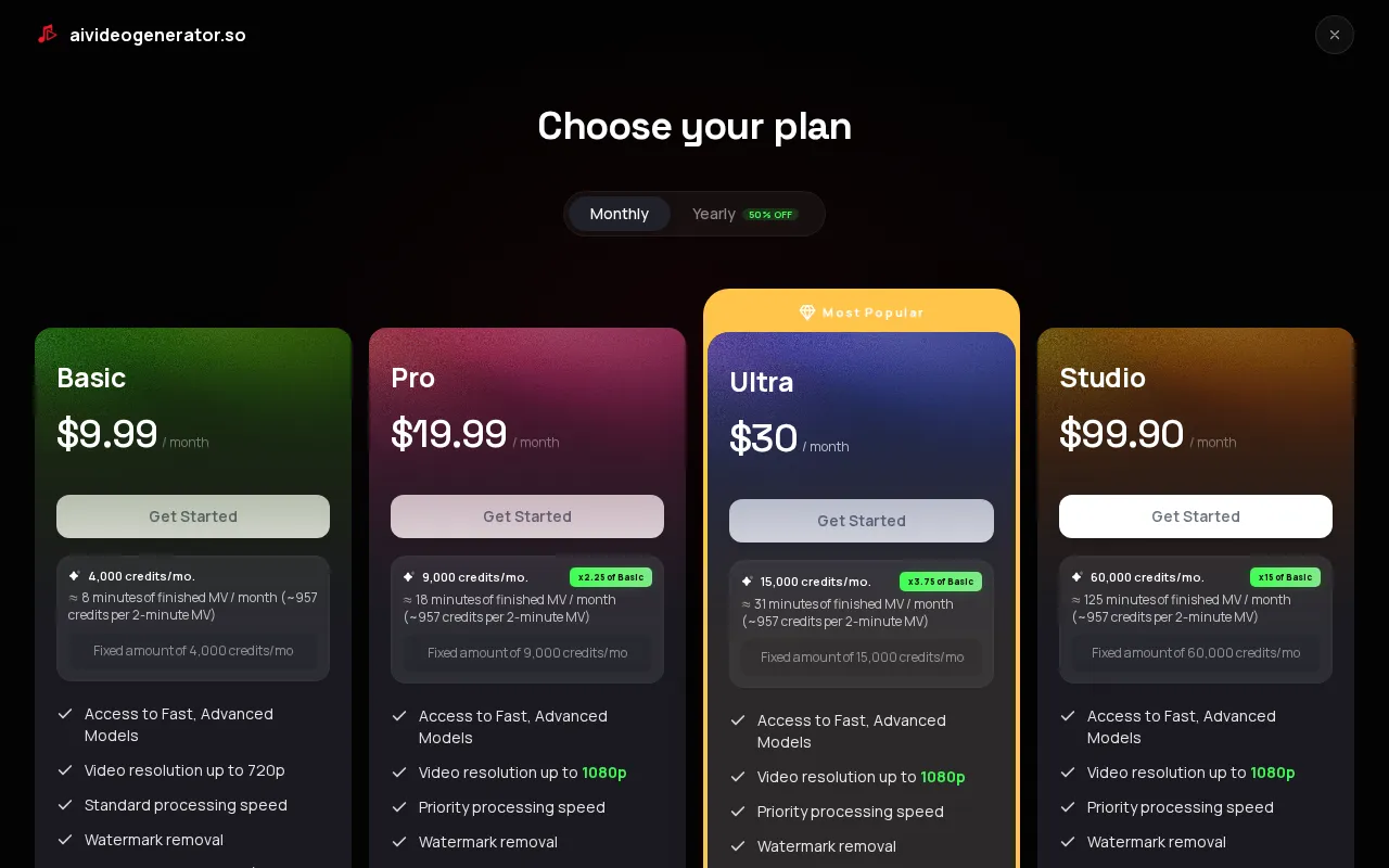AI Music Video Generator — pricing page